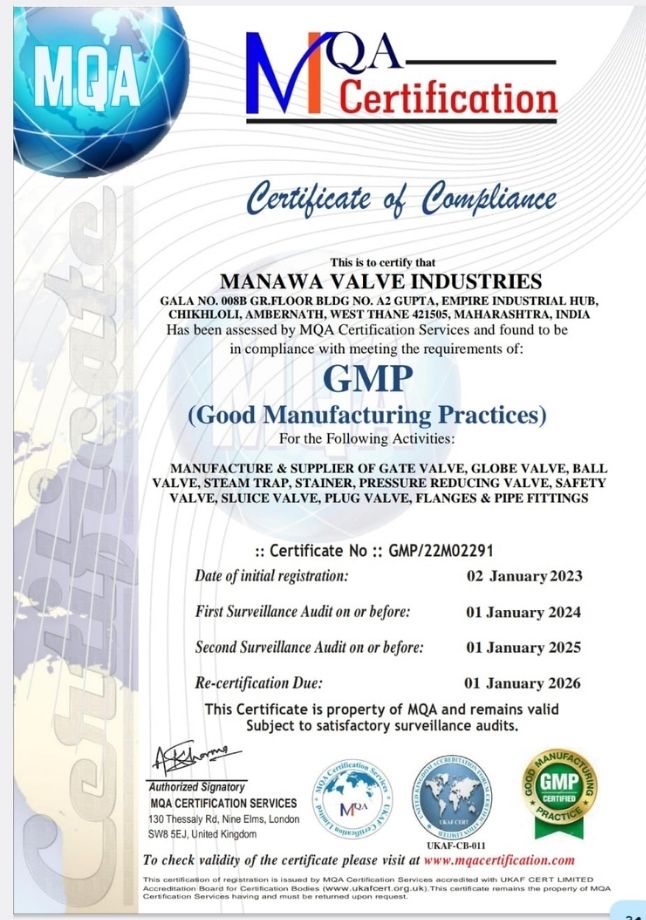 Manava Valve Industriess GMP Certificate